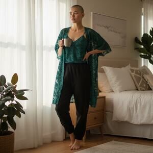 Vintage Lady Cameo 2pc USA Green Floral Sleep Set Robe and Top